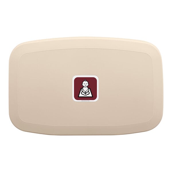 A cream-colored, horizontal, surface-mounted baby changing station with a baby icon on the front.