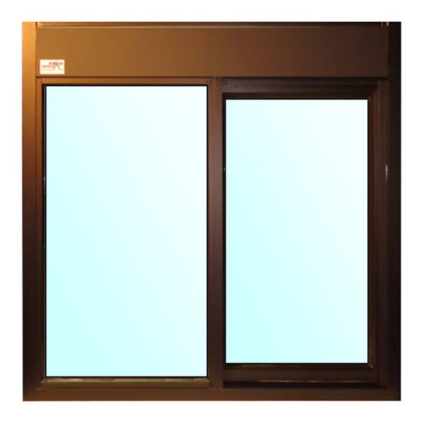 A bronze right-to-left manual drive-thru window with two glass panels and a rectangular frame.
