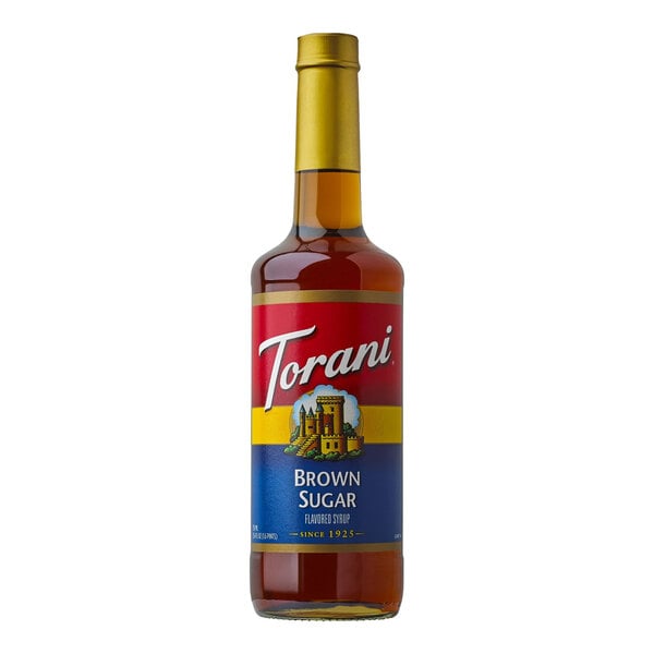 A 750 mL glass bottle of Torani Brown Sugar flavoring syrup.