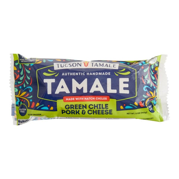 A packaged Tucson Tamale brand green chile, pork, and cheese tamale.