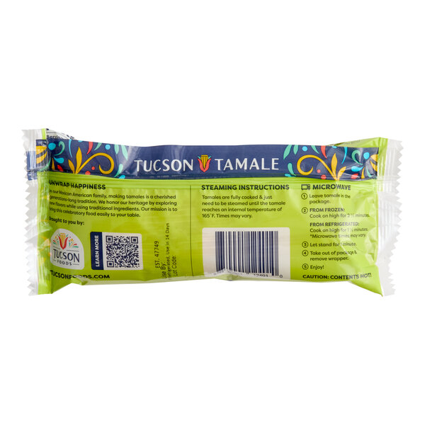 An individually wrapped Tucson Tamale featuring green chile, pork, and cheese in a 5 oz. package.