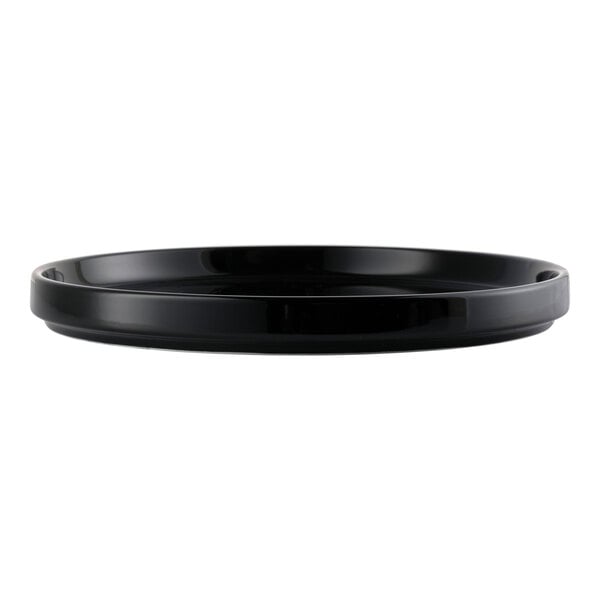 A black, round, stackable porcelain plate.