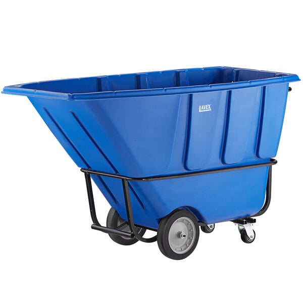 A blue heavy-duty tilt truck or trash cart with a large rectangular container, metal frame, and wheels.