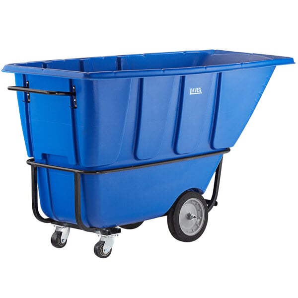 A large blue heavy-duty tilt truck or trash cart with a towable design and sturdy wheels.