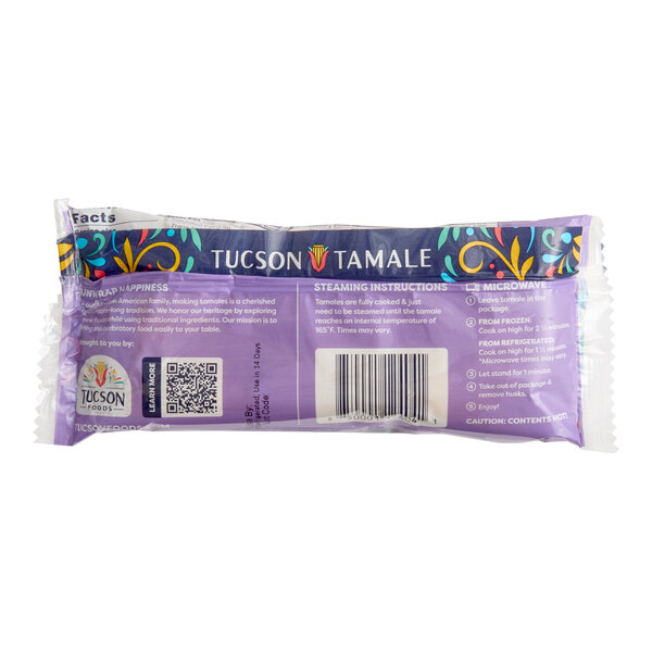 A packaged Tucson Tamale brand vegan black bean and corn tamale.