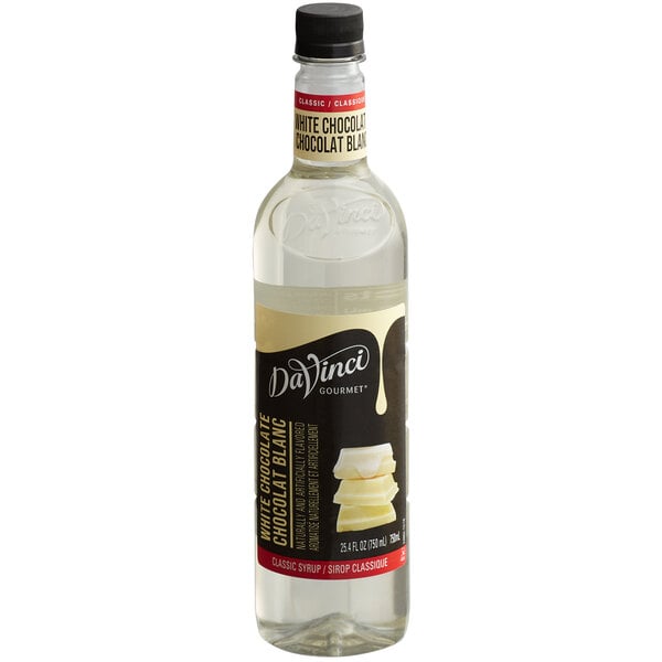 A bottle of DaVinci Gourmet Classic White Chocolate Flavoring Syrup, 750 mL.