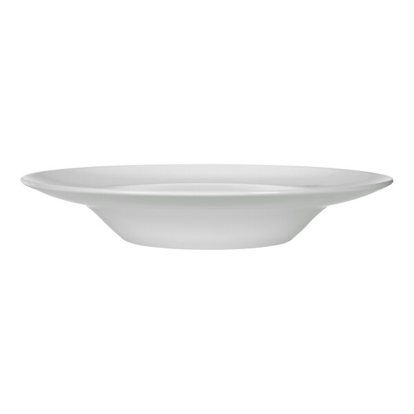 A white porcelain bowl with a wide rim and shallow depth.