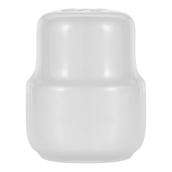 A white porcelain salt shaker with a smooth, rounded design.