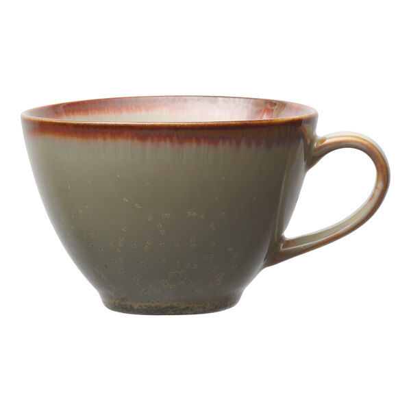 A sage green porcelain cup with a handle and an 8 oz. capacity.