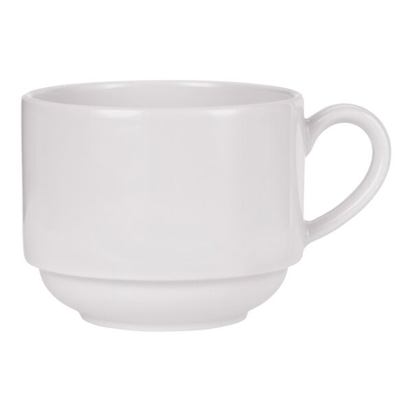 A plain white stackable porcelain cup with a handle.