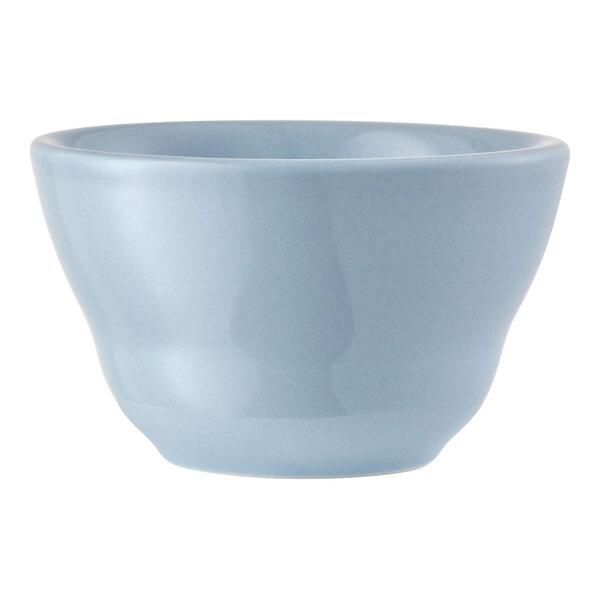 A light blue round porcelain bouillon bowl.