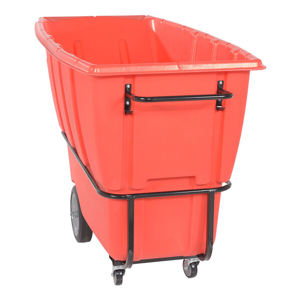 A red medium-duty bulk tilt truck with a 1 cubic yard capacity and black metal frame, designed for transporting heavy loads.