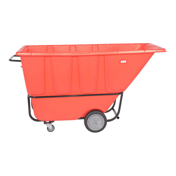A red medium-duty bulk tilt truck with a 1 cubic yard capacity and two large wheels and two smaller caster wheels.