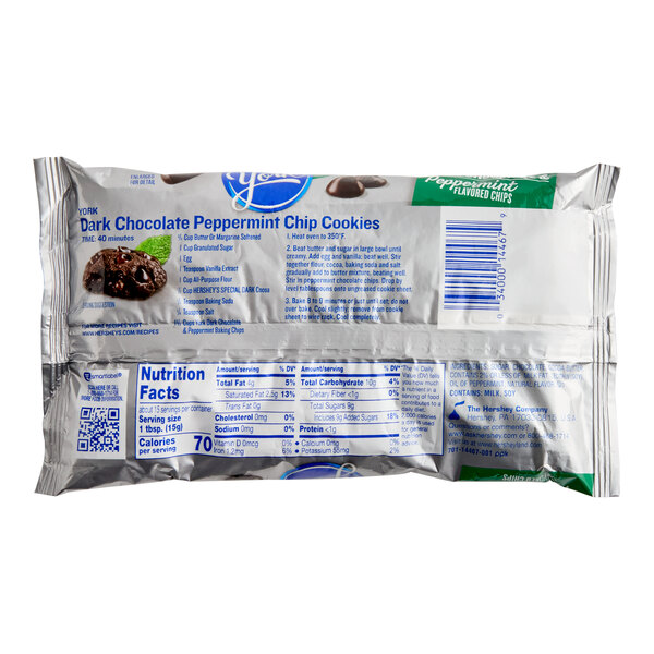 A bag of YORK Dark Chocolate and Peppermint Baking Chips.