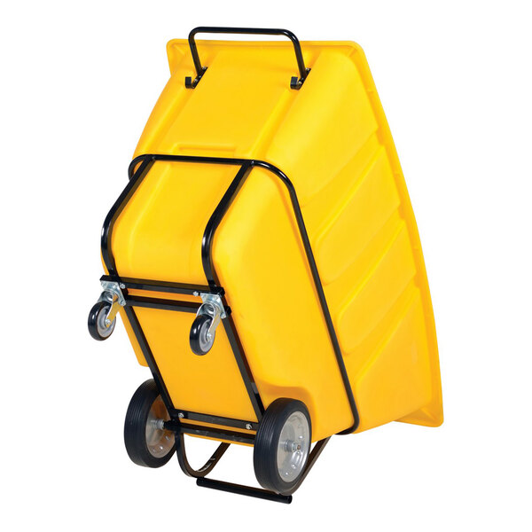 A large yellow heavy-duty bulk tilt truck with a black metal frame and wheels.