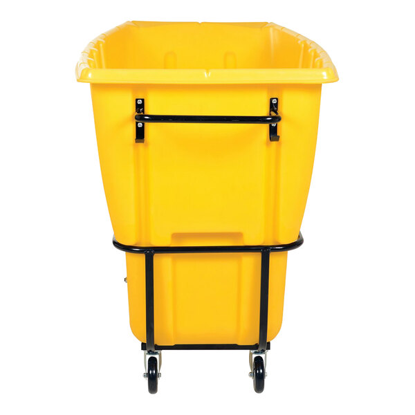 A large yellow heavy-duty bulk tilt truck with a black metal frame and four caster wheels.