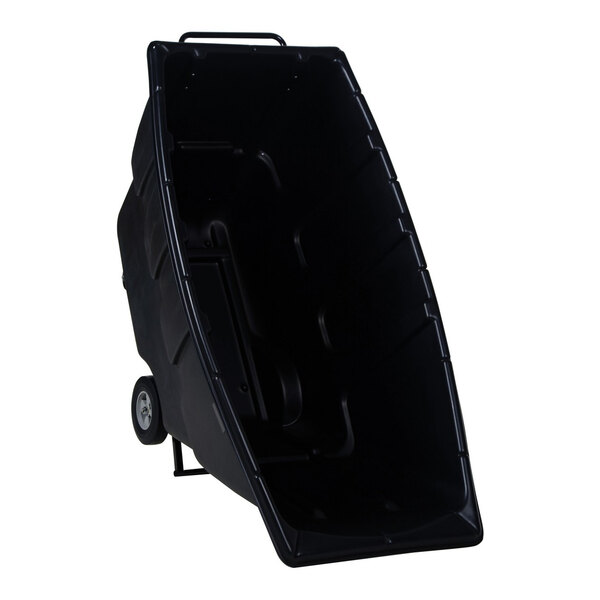 A black medium-duty bulk tilt truck with two wheels and a large open container.