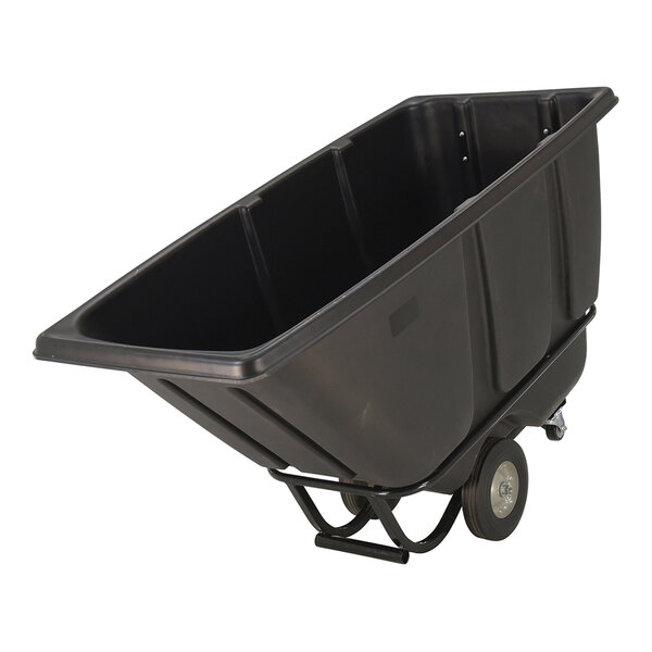 A black medium-duty bulk tilt truck with two wheels and a large open container for transporting materials.