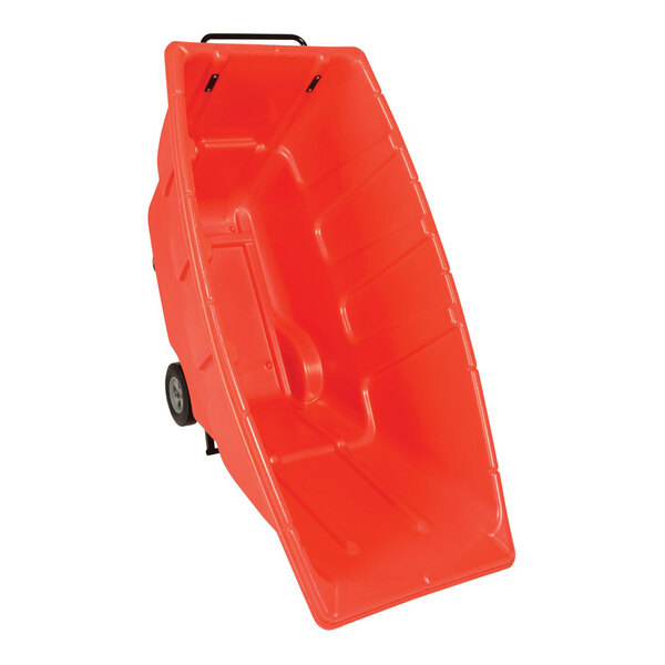 A red light-duty bulk tilt truck with wheels and a handle, designed for transporting materials.