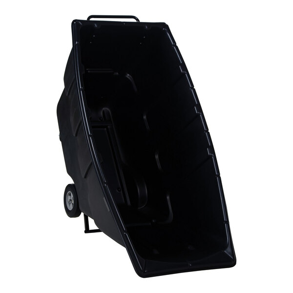 A black light-duty bulk tilt truck with wheels and a handle, designed for transporting materials.