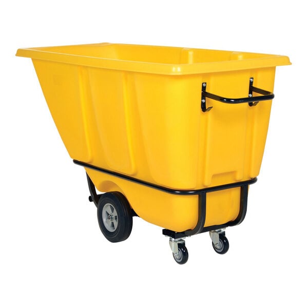 A yellow heavy-duty bulk tilt truck with a 0.5 cubic yard capacity and four wheels, designed for transporting large loads.