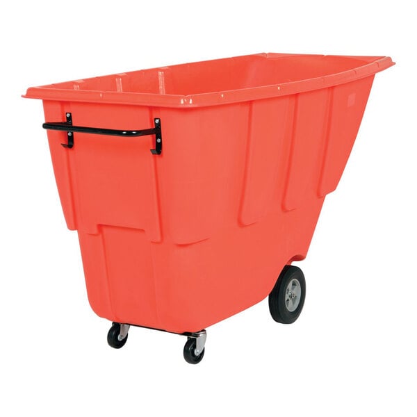 A red light-duty bulk tilt truck with a handle and wheels, designed for transporting materials.