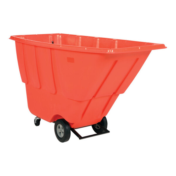 A red light-duty bulk tilt truck with a 0.5 cubic yard capacity and wheels for easy transport.
