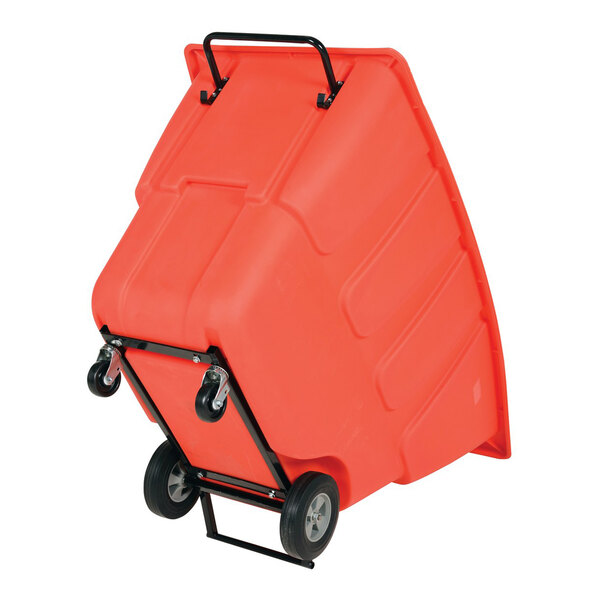 A red light-duty bulk tilt truck with a 0.5 cubic yard capacity and wheels for easy transport.