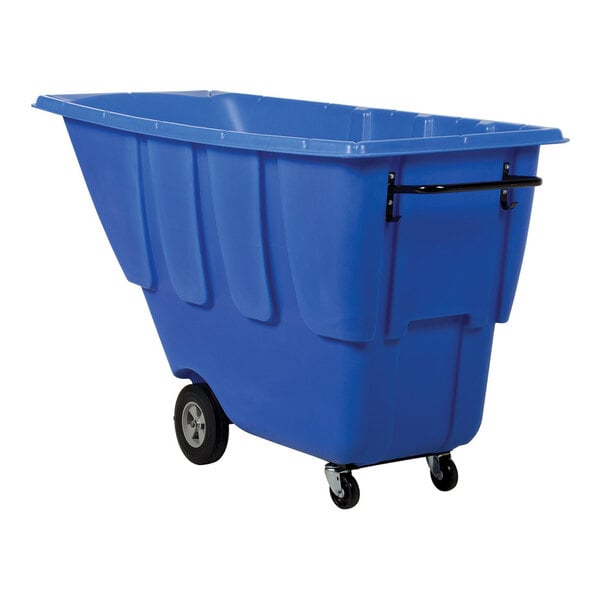 A blue light-duty bulk tilt truck with a 1 cubic yard capacity and four wheels.