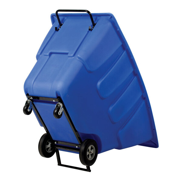 A blue light-duty bulk tilt truck with wheels and a handle for transporting materials.
