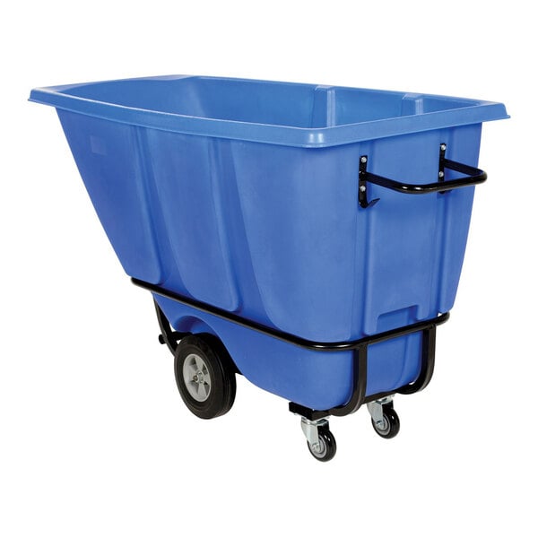 A blue heavy-duty bulk tilt truck with a 0.5 cubic yard capacity and four wheels, designed for transporting large loads.