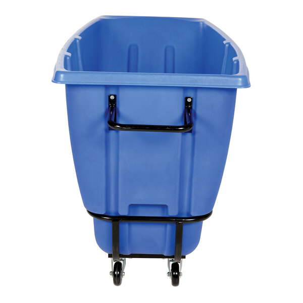 A blue heavy-duty bulk tilt truck with a 0.5 cubic yard capacity and wheels for easy transport.