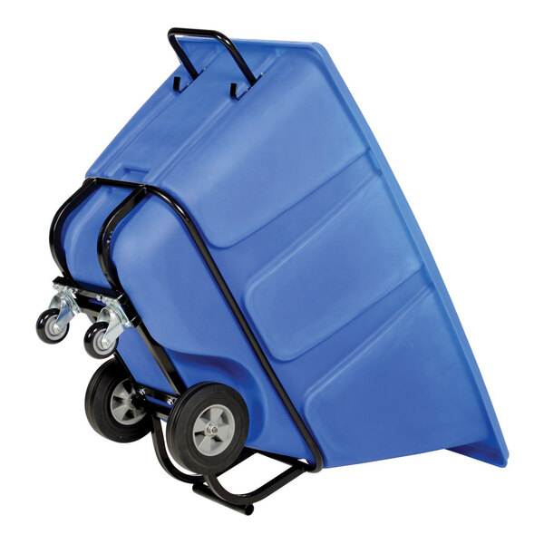 A blue heavy-duty bulk tilt truck with a black metal frame and four wheels, designed for transporting large loads.