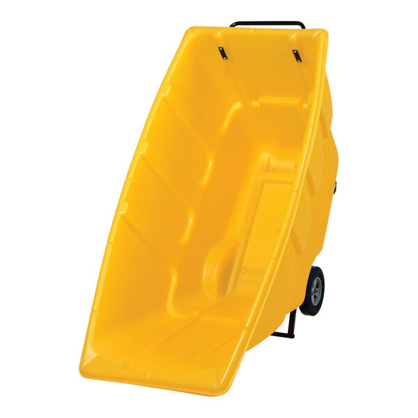 A yellow light-duty bulk tilt truck with wheels and a large open container for transporting materials.