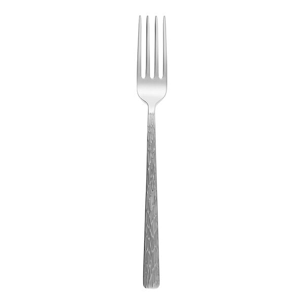 A stainless steel dessert fork with a textured handle.