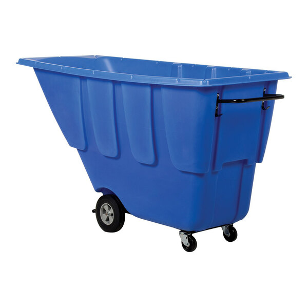 A blue medium-duty bulk tilt truck with a handle and four wheels.