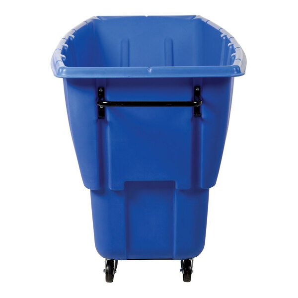 A blue medium-duty bulk tilt truck with a 1 cubic yard capacity and wheels for easy transport.