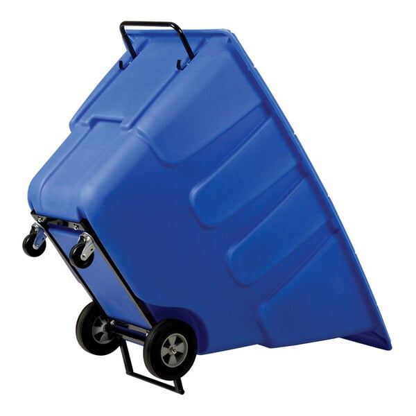 A blue medium-duty bulk tilt truck with a handle and wheels for transporting heavy loads.