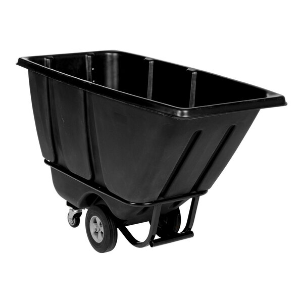 A black heavy-duty bulk tilt truck with a 0.5 cubic yard capacity and sturdy wheels.