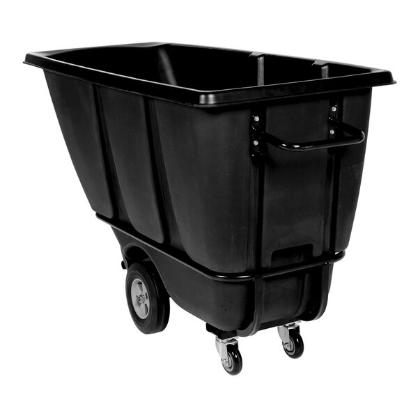 A black heavy-duty bulk tilt truck with a large rectangular container, sturdy wheels, and a handle, designed for transporting heavy loads.
