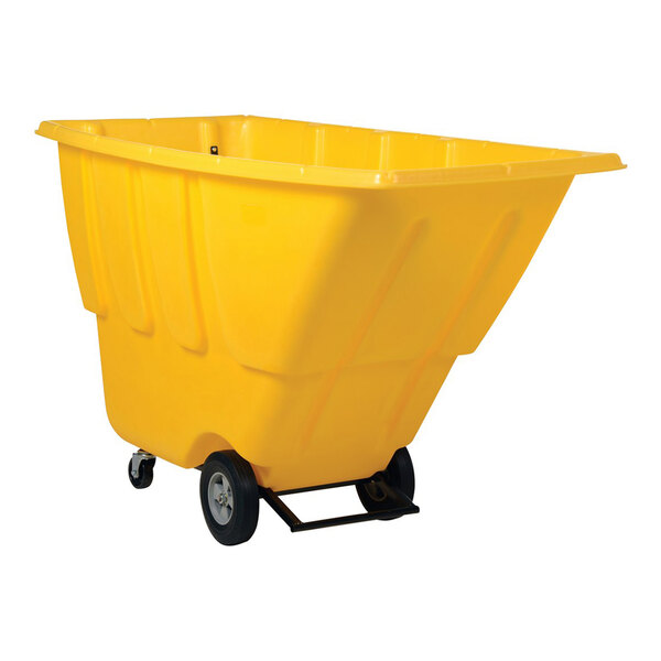 A yellow medium-duty bulk tilt truck with a 1 cubic yard capacity and wheels for easy transport.