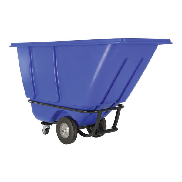 A blue medium-duty bulk tilt truck with a 0.5 cubic yard capacity and wheels for easy transport.