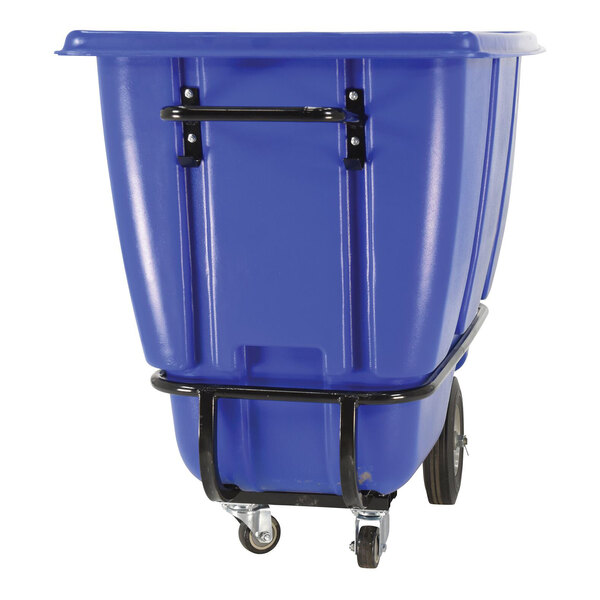 A blue medium-duty bulk tilt truck with a 0.5 cubic yard capacity and wheels for easy transport.