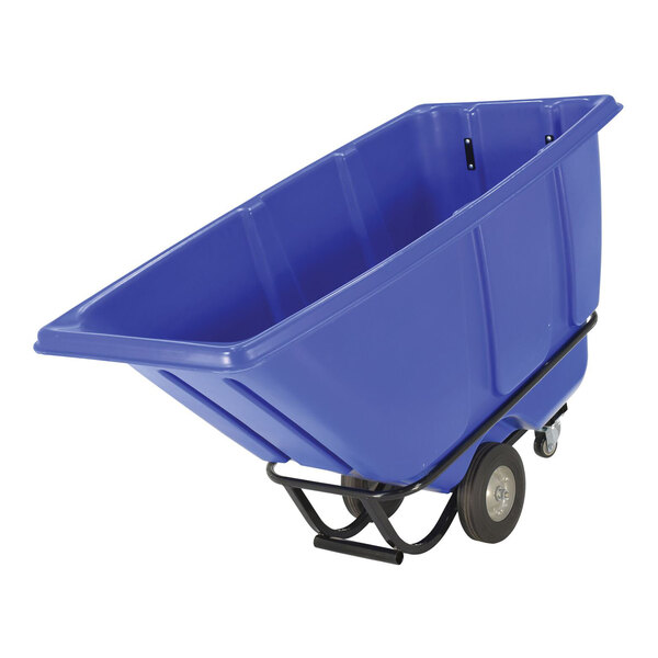 A blue medium-duty bulk tilt truck with two large wheels and a sturdy frame.