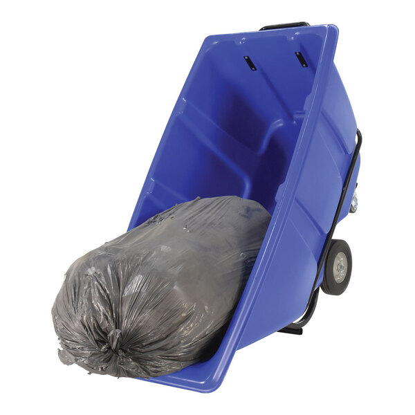 A blue medium-duty bulk tilt truck with a large black trash bag inside.
