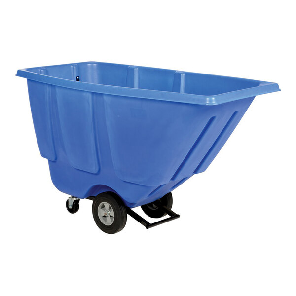 A blue light-duty bulk tilt truck with a 0.5 cubic yard capacity and wheels for easy transport.