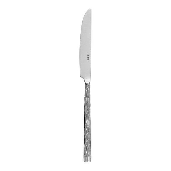 A stainless steel dinner knife with a textured handle.