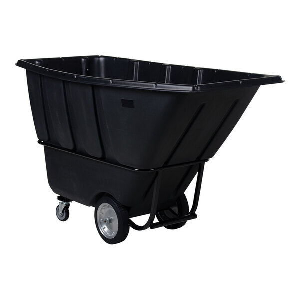 A large black heavy-duty bulk tilt truck with a 1 cubic yard capacity and sturdy wheels.