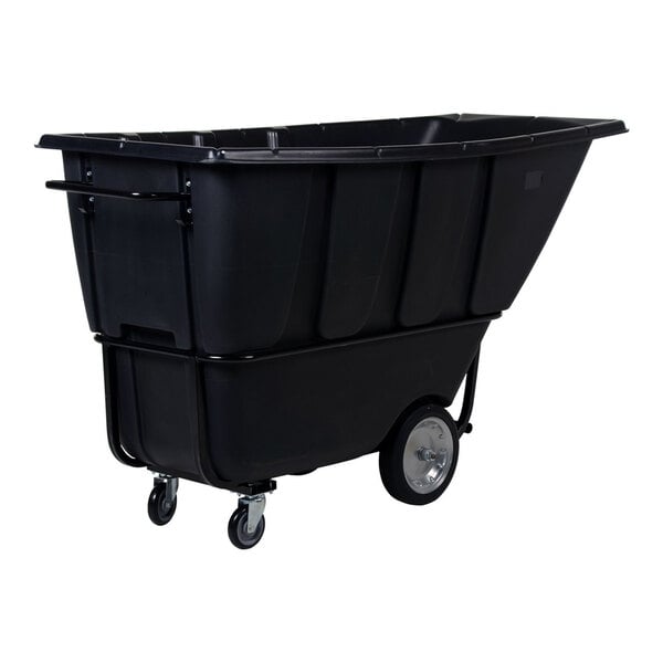A large black heavy-duty bulk tilt truck with a 1 cubic yard capacity and four wheels, designed for transporting heavy loads.