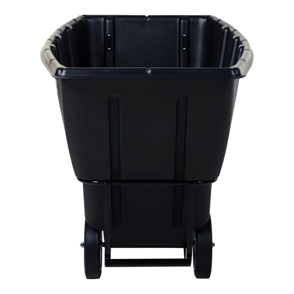 A black heavy-duty bulk tilt truck with two wheels and a large open container.